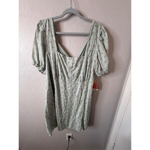 Arula 2X Sage Green Floral Gingham Square Neck Tie Back Puff Sleeve Dress